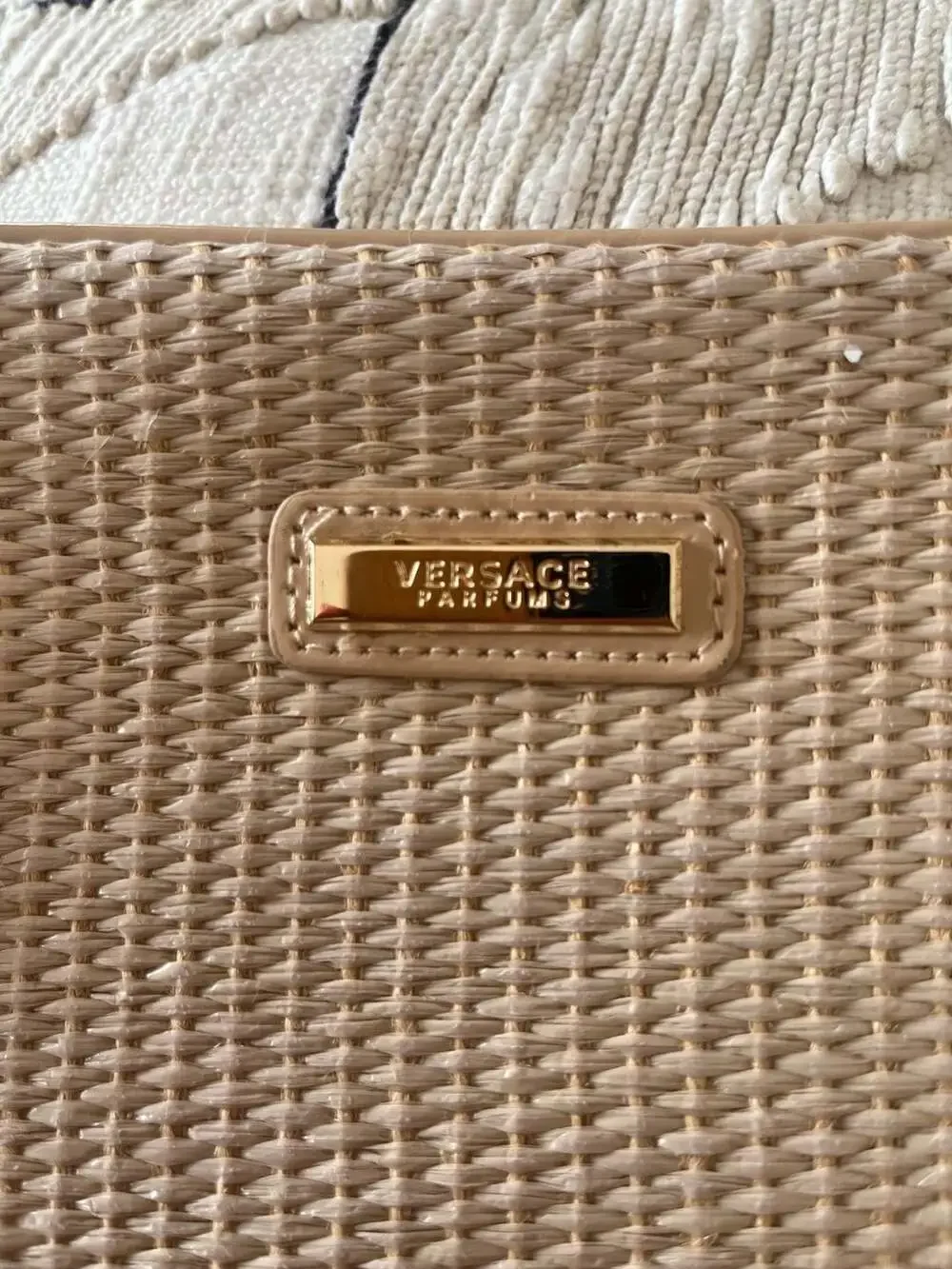 Versace Parfums Beige Woven Straw and Patent Leather Cosmetic Pouch Vanity Bag